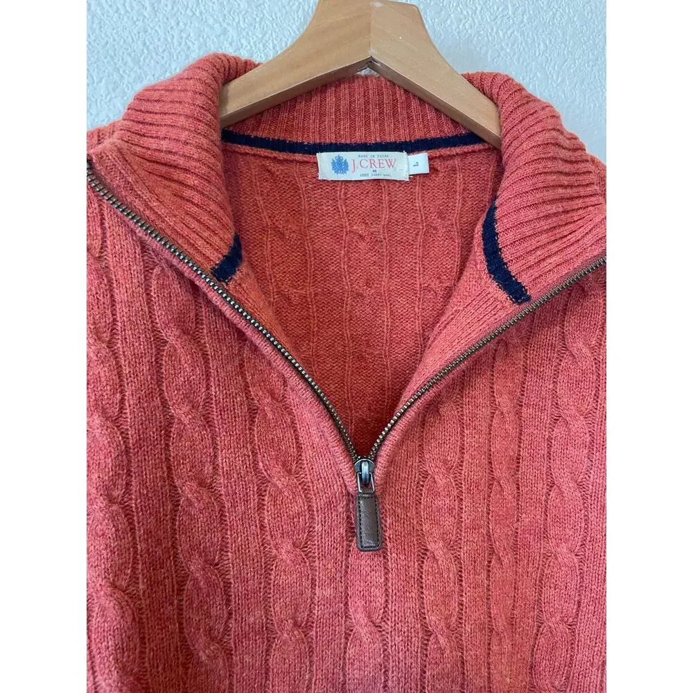 J. Crew Men's Lambs Wool Cable Knit Zip Up Pull On Henley Sweater Large Orange